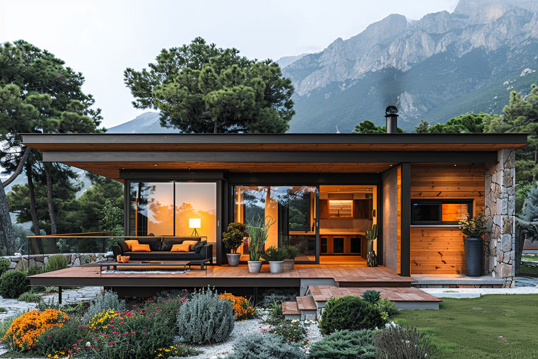 Chalet moderno de madera con terraza en plena naturaleza, rodeado de árboles y montañas al fondo