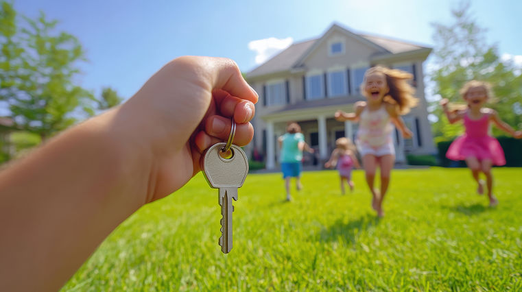 Mano sosteniendo una llave frente a una casa con niños corriendo felices por el jardín