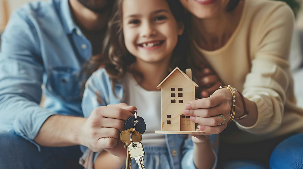 Niña sonriente sosteniendo llaves y maqueta de casa junto a su familia, simbolizando la ilusión de un nuevo hogar